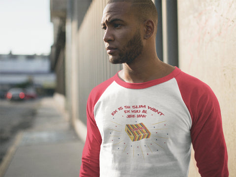 chappies design on a red and white baseball tee, model staring