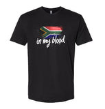 black short sleeve unisex tshirt with painted south african flag and "in my blood" in white text with white paint splatter