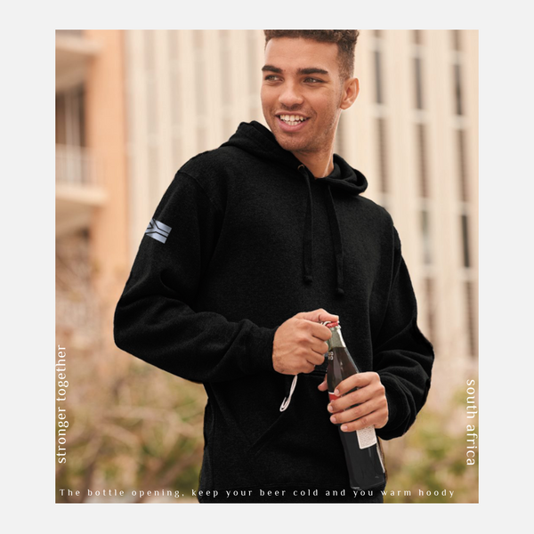 South African hoody, Stronger-together reflective pocket design with bottle cap opener attached to pocket and flag design on sleeve model shot