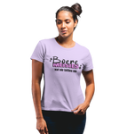 woman wearing a dark lavendar shirt with black and pink words on the front reading "boere meisies vat nie tatties nie"