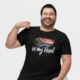 happy guys wearing a black short sleeve unisex tshirt with painted south african flag and "in my blood" in white text with white paint splatter